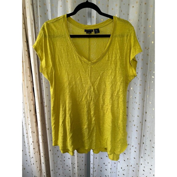 Tahari Women's 100% Linen Semi Sheer Yellow V Neck Hi-Lo Hem T-Shirt Blouse XL - Picture 2 of 5